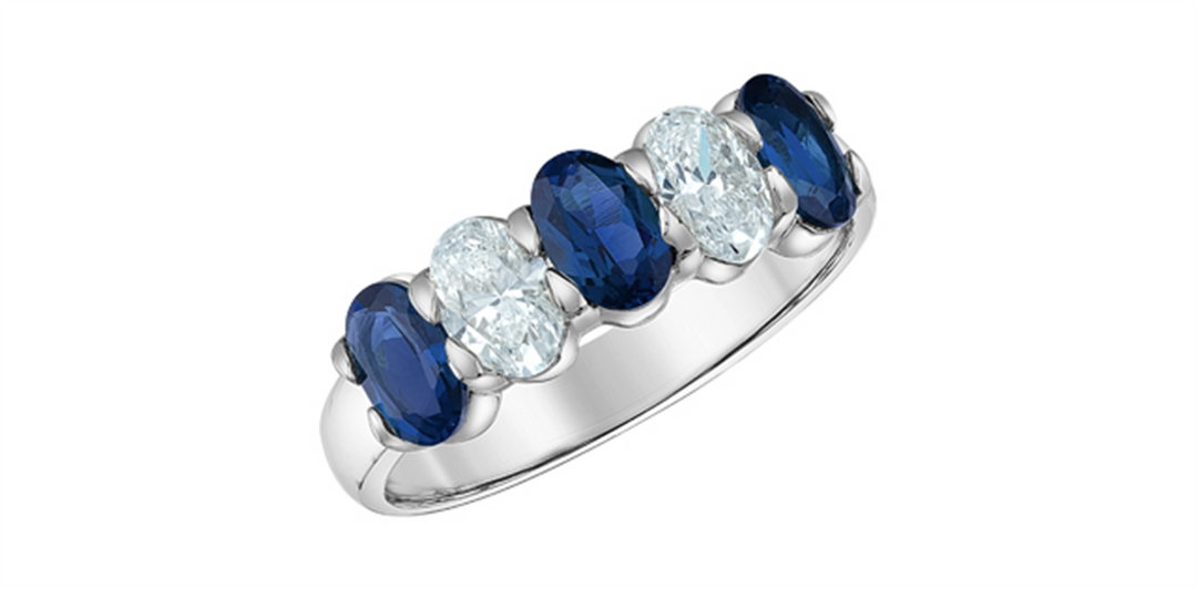 10K White Gold Single Row Lab Sapphires and Lab Diamonds Band
Primary