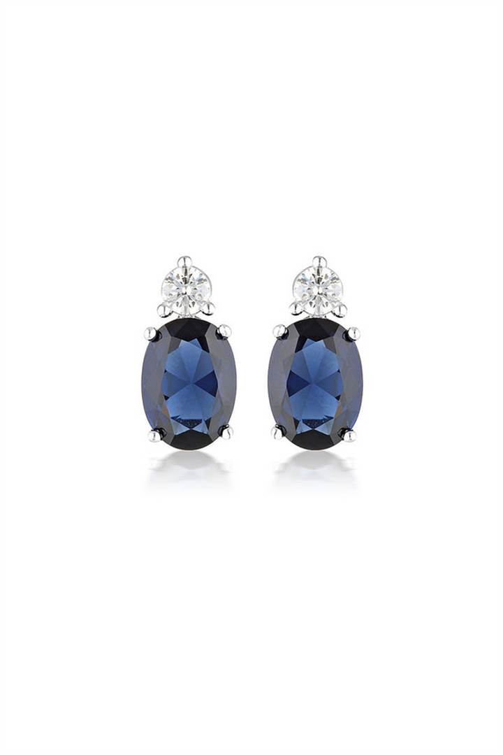 White Sterling Silver Synthetic Sapphires & CZ Polished Stud Earrings