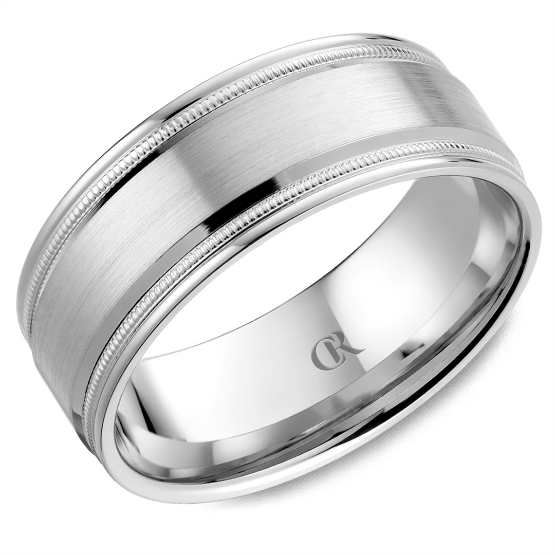 Men's White Gold Bevel with Milgrain Band with Sandpaper Finish 
Top
