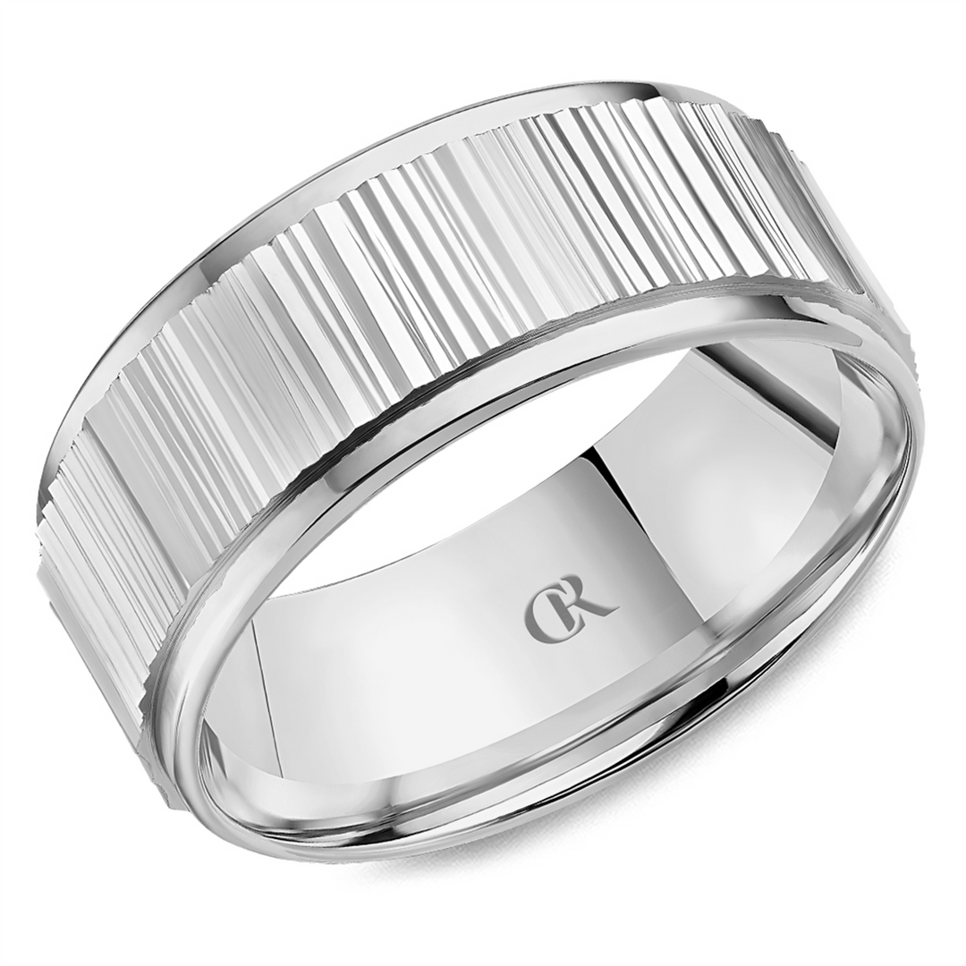 Men's White Gold Carved Band with Polished Finish 
Top Width: 8 mm
R