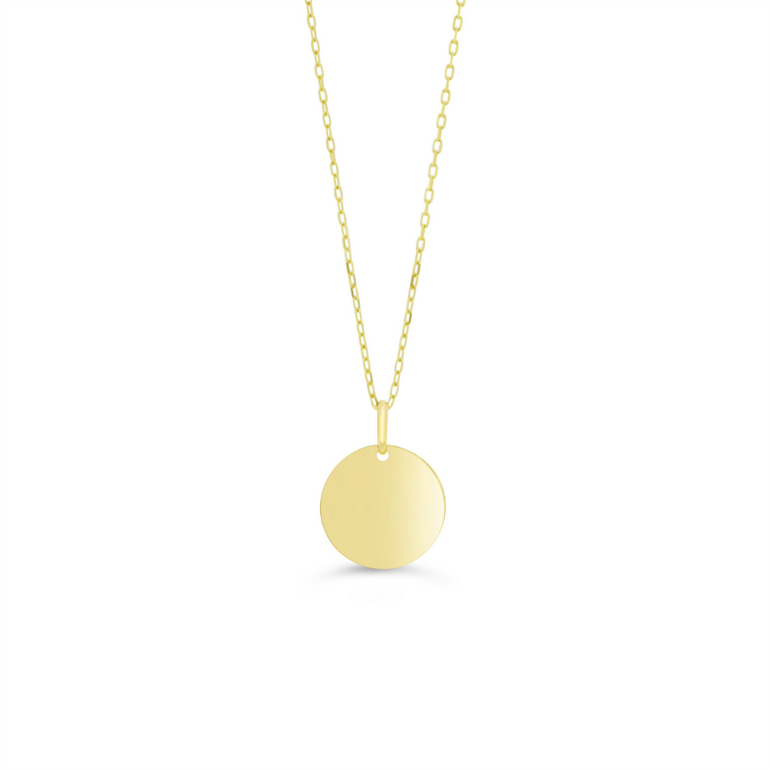10K Yellow Gold Polished Round Disc Pendant 
 
Length: 14.5mm