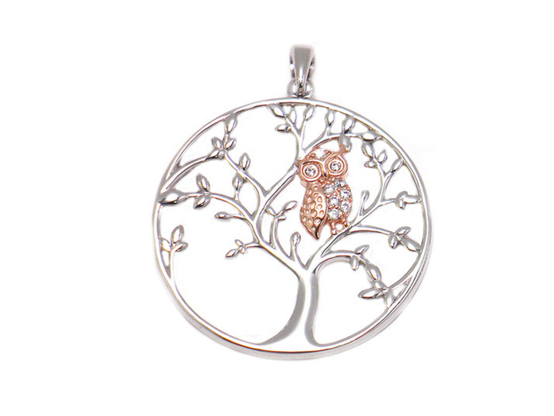 Sterling Silver White Polished Owl on Tree of Life Pendant with Cubic