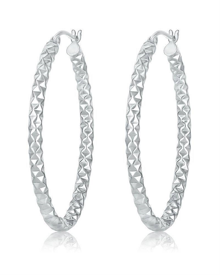 Sterling Silver White Round Diamond Cut Large Hoop Earrings
Full Earr