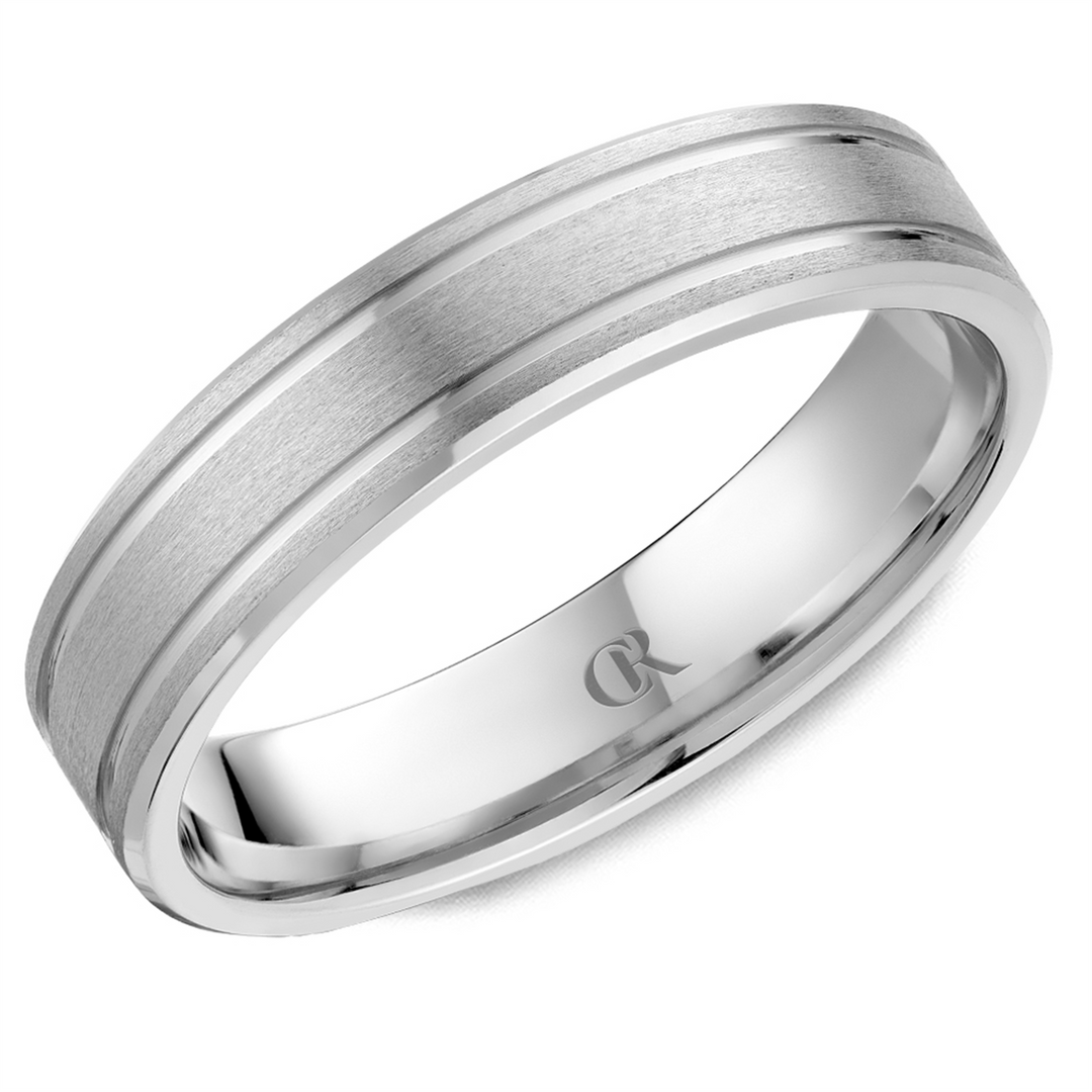 Men's White Gold Flat Band with Satin Finish 
Top Width: 5 mm
Ring S