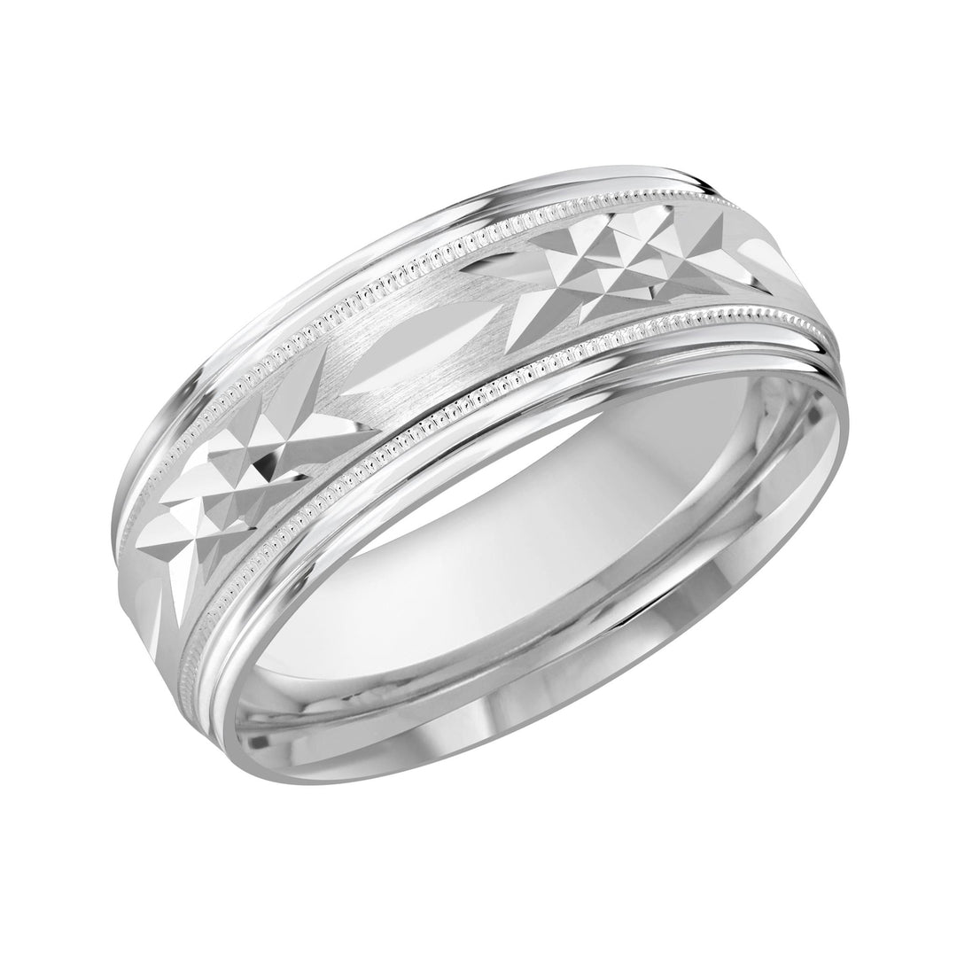 Men's 10K White Gold Domed Band with Diamond Cut Finish