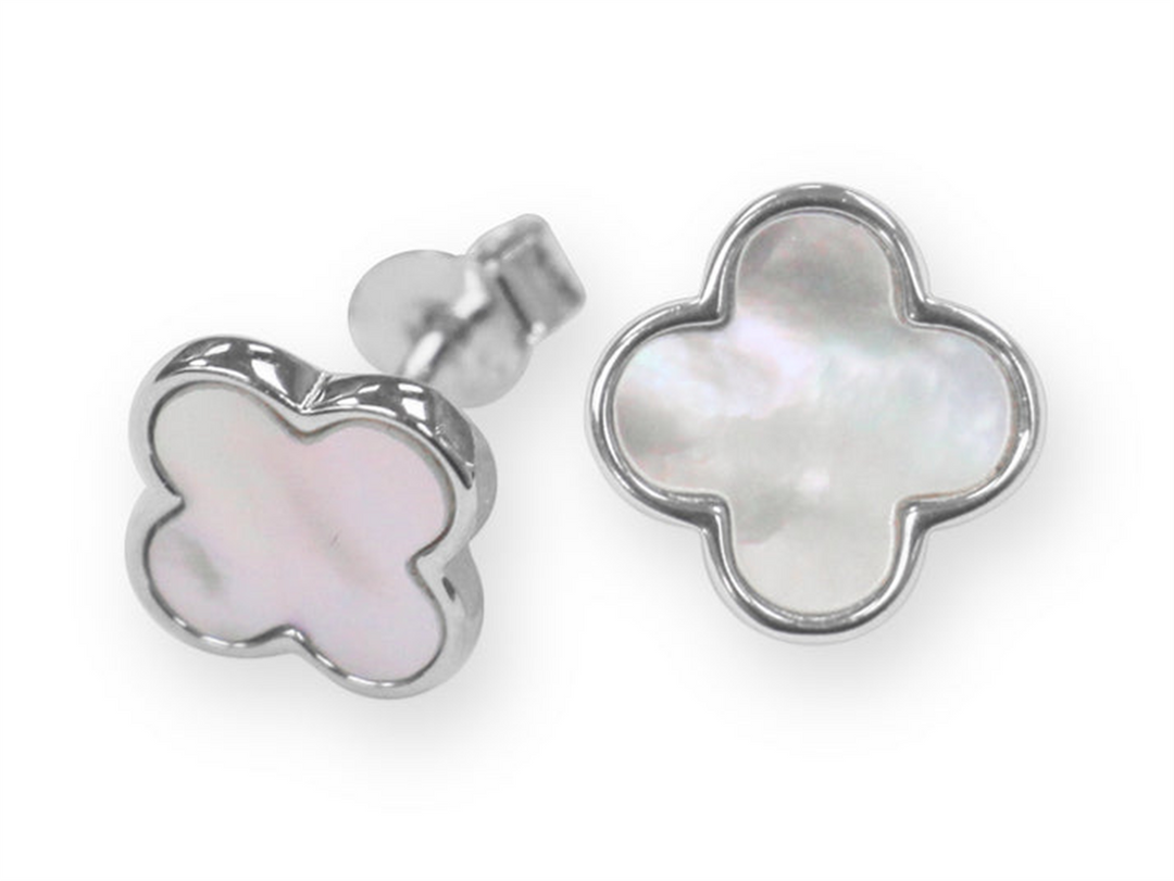 White Sterling Silver Mother Of Pearl Clover Polished Stud Earrings
E