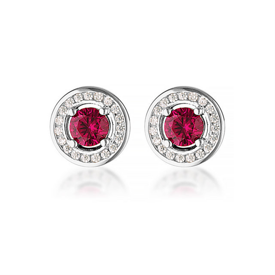 White Sterling Silver Synthetic Ruby & CZ Halo Polished Stud Earrings