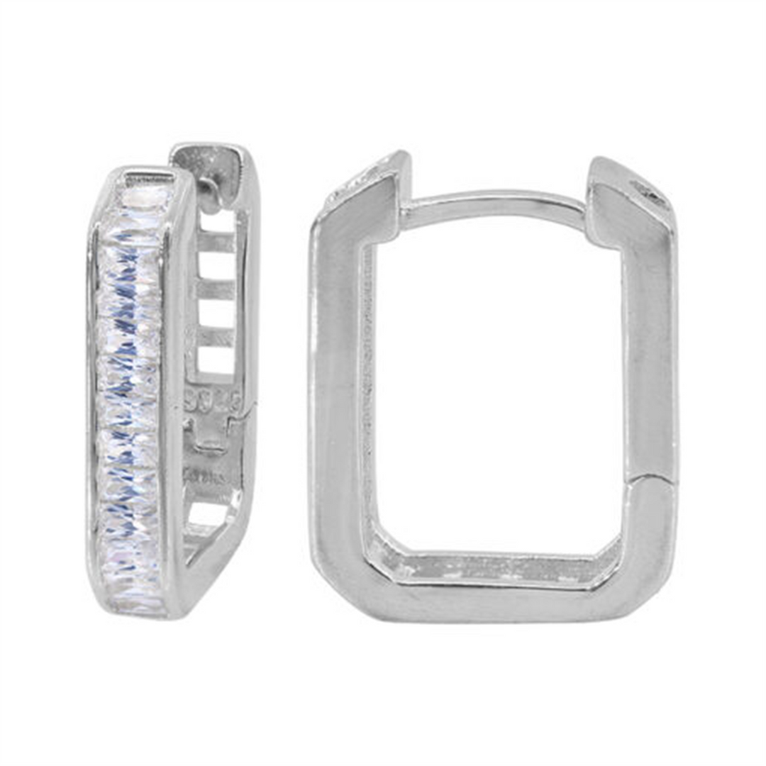 White Sterling Silver Cubic Zirconium Rectangular Polished Small Hoop