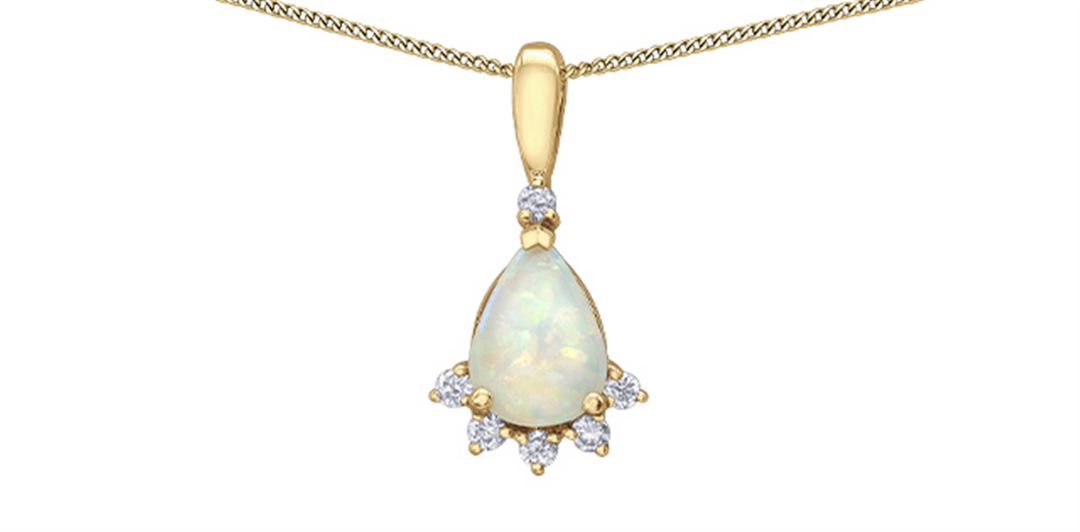 10K Yellow Gold Unique Opal Diamonds Pendant Necklace