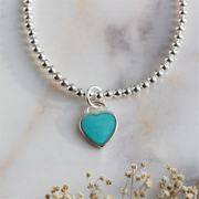 White Sterling Silver Turquoise Heart Bead Bracelet 
Top Width: 3mm