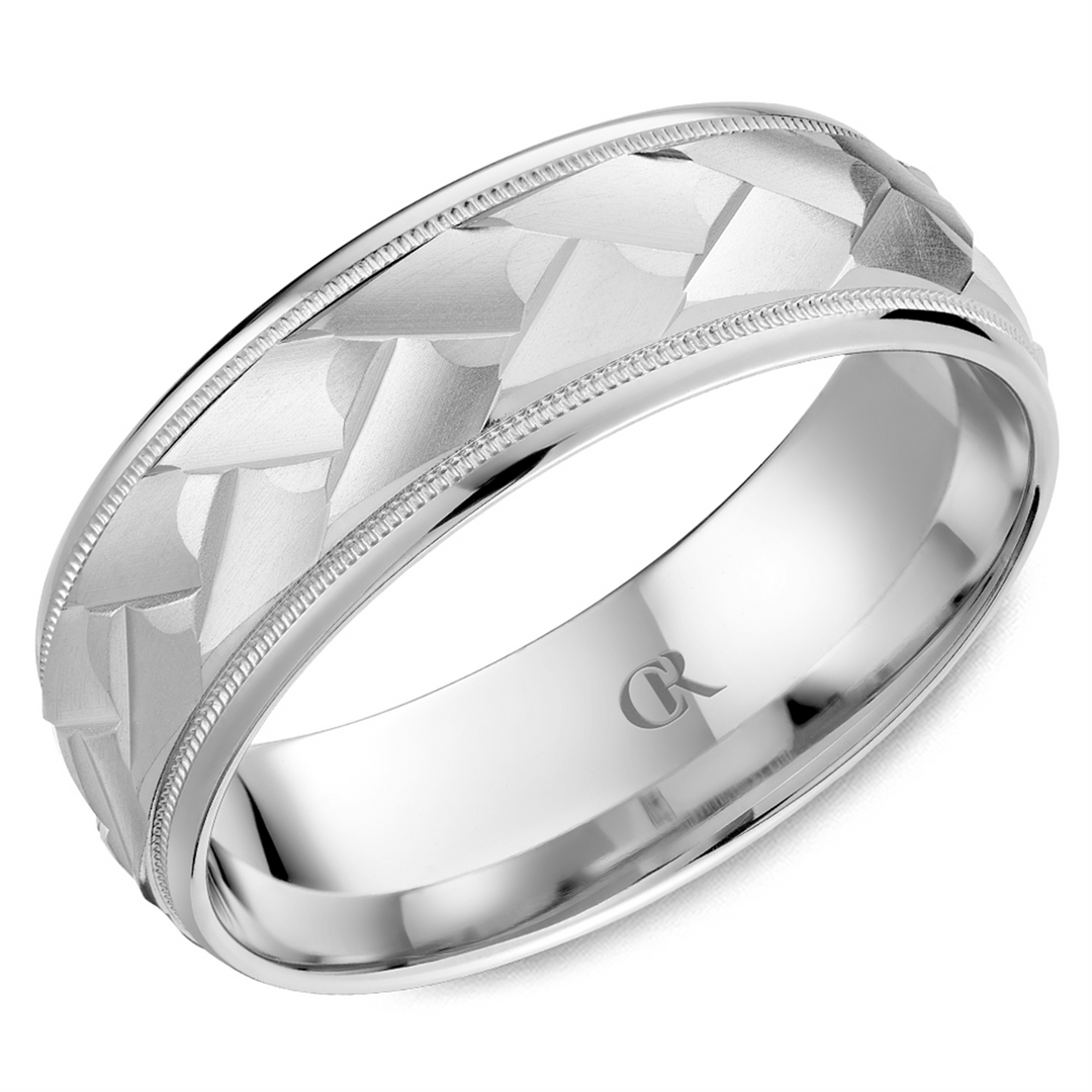 Men's White Gold Domed with Milgrain Band with Sandpaper Finish 
Top