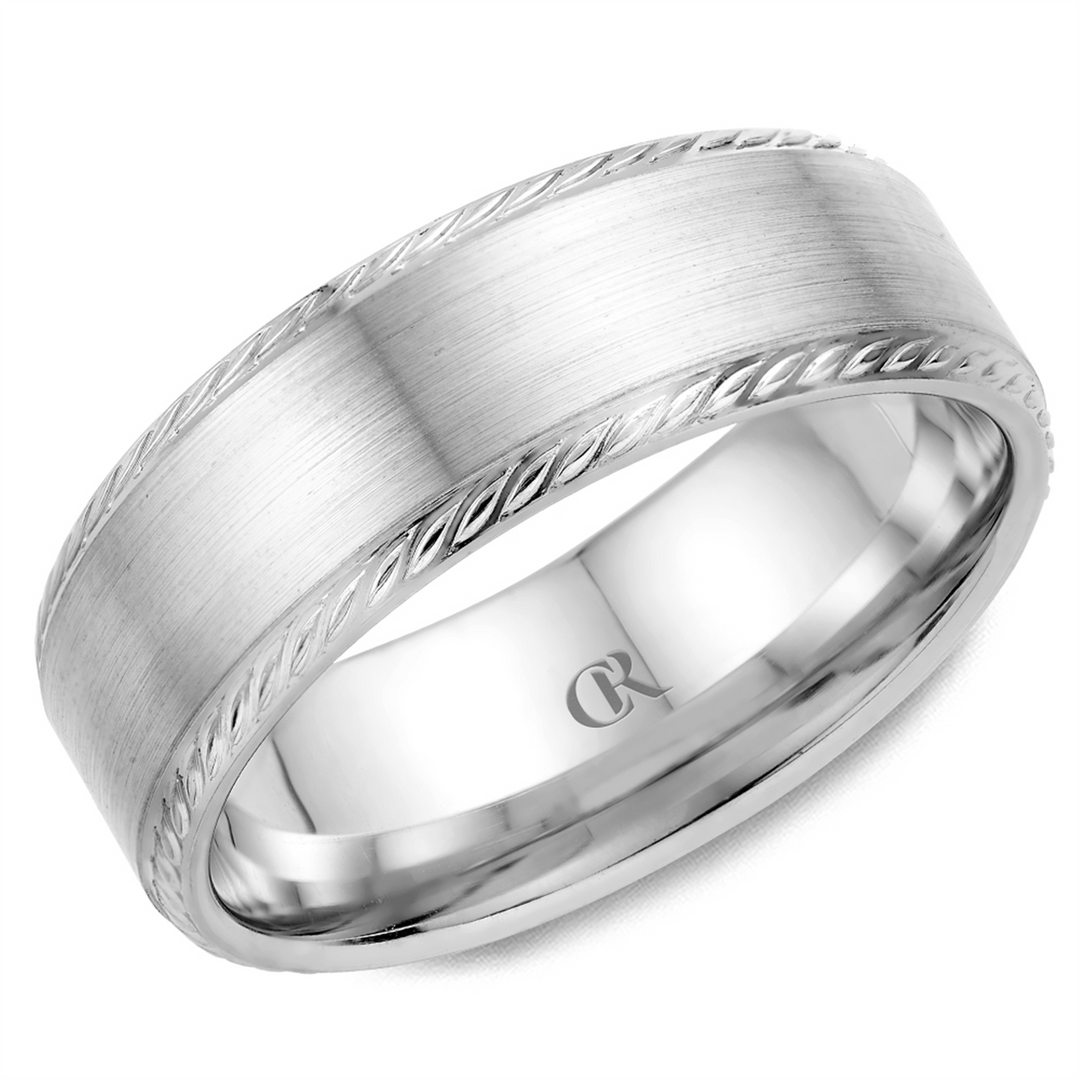 Men's White Gold Bevel Band with Sandpaper Finish 
Top Width: 7 mm
R