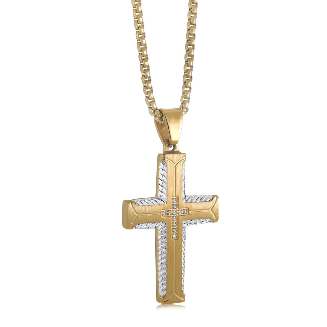 Two-Tone Stainless Steel Cubic Zirconium Cross Religious Pendant Neckl
