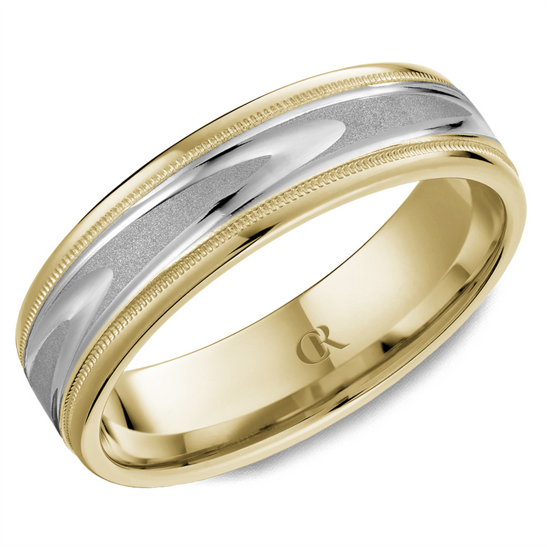Men's White & Yellow Gold Flat with Milgrain Band with Multi-Finish Fi