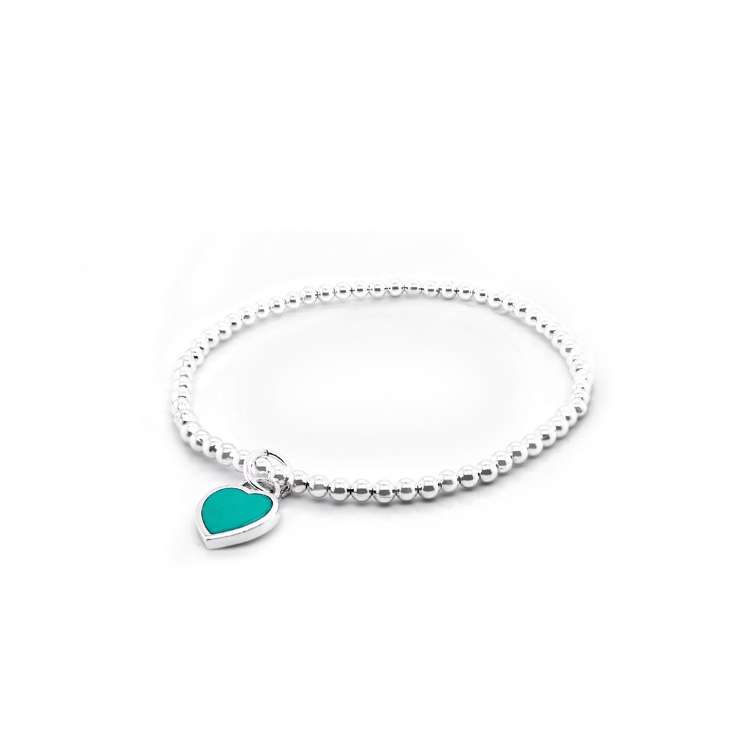 White Sterling Silver Turquoise Heart Bead Bracelet 
Top Width: 3mm