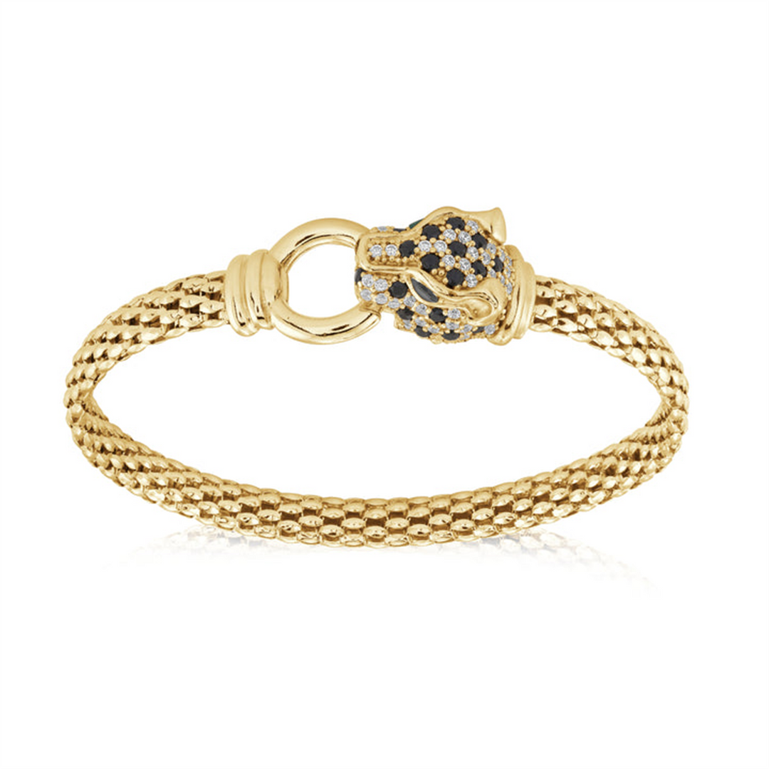 Yellow Gold Vermeil Sterling Silver Panthere with Green Eyes Mesh Bang