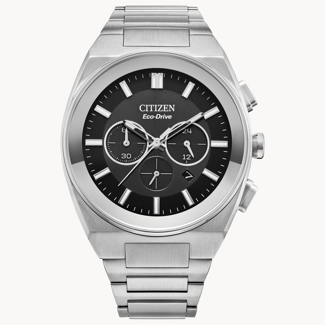 CITIZEN Men's Stainless Steel Eco-Drive Chronograph Watch with Black Dial