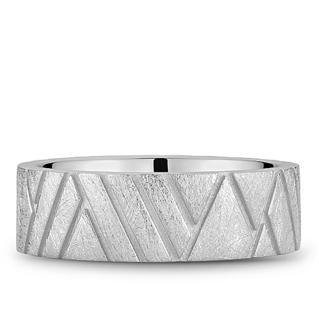 Men's White Gold Carved Band with Diamond Brushed Finish