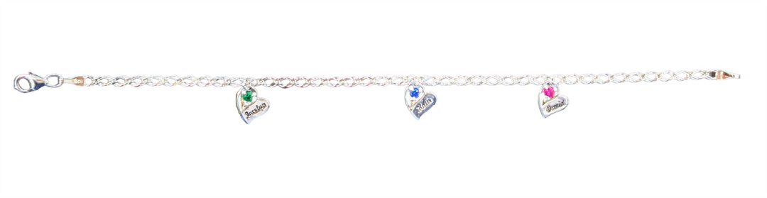 Personalized White Gold Heart Birthstone & Name Bracelet with Names Engraved 
Number of stones available: 1 - 7