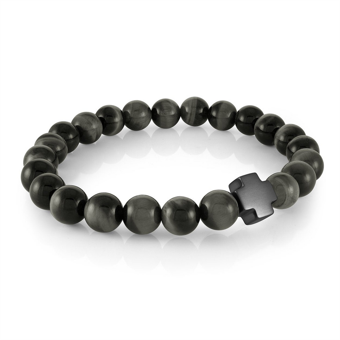 Black Stainless Steel Cross  Onyx Bead Stretch Bracelet
Length: Mediu