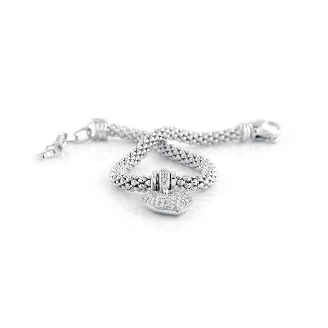 White Sterling Silver Puffed Pave Heart Mesh Bracelet 
Top Width: 4.5