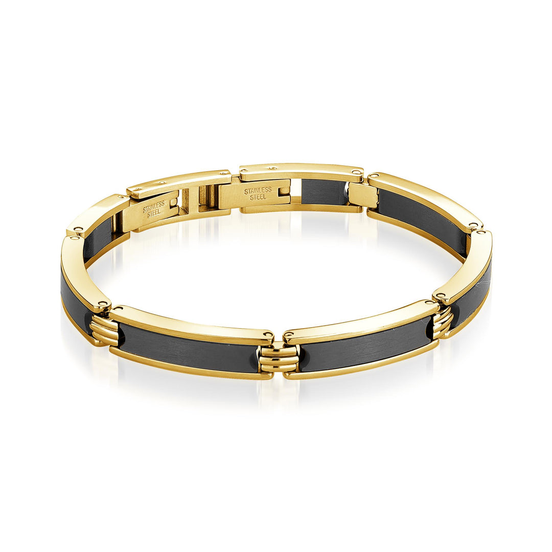 Gold Stainless Steel Carbon Fibre Fancy Link Bracelet 
Length: 8" + 1"