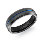 Load image into Gallery viewer, Matte Black with Blue Centre Tungsten Bevel Band 
Width: 6mm 
Size:
