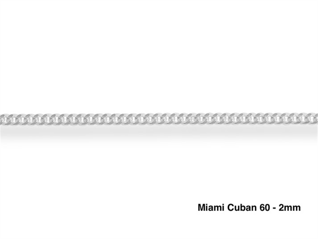 Sterling Silver White Miami Cuban Chain 
Width: 2mm
Length: 22"