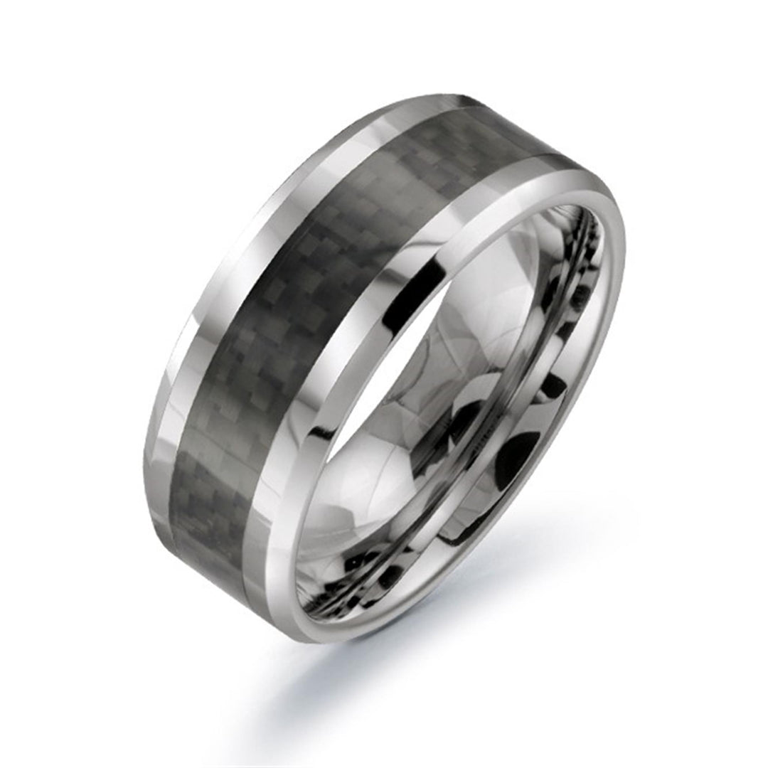 Tungsten Polished Bevel Band Band with Carbon Fibre Inlay 
Width: 8mm