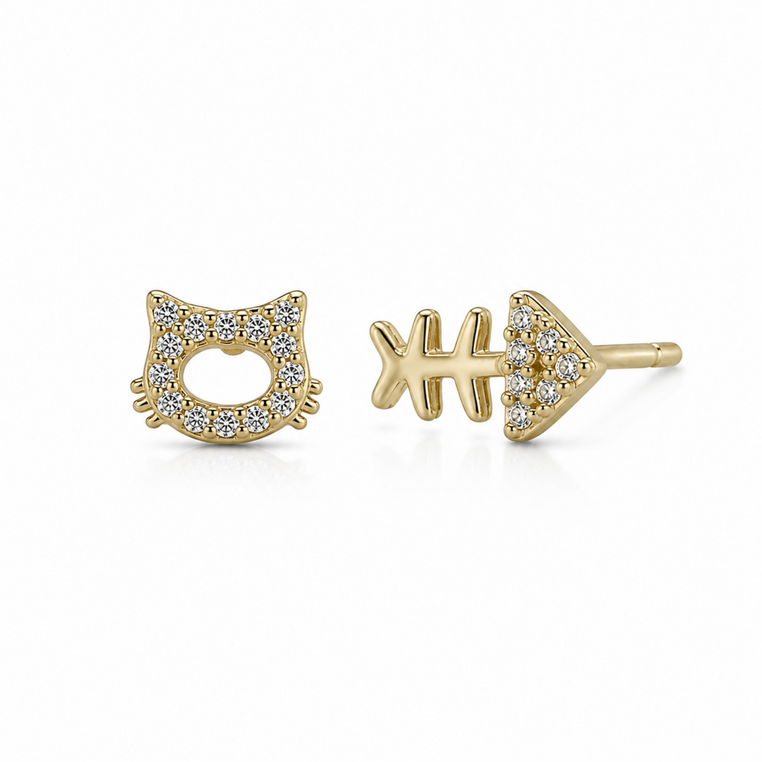 Yellow Sterling Silver Cubic Zirconium Pave Cat & Fishbone Stud Earrin