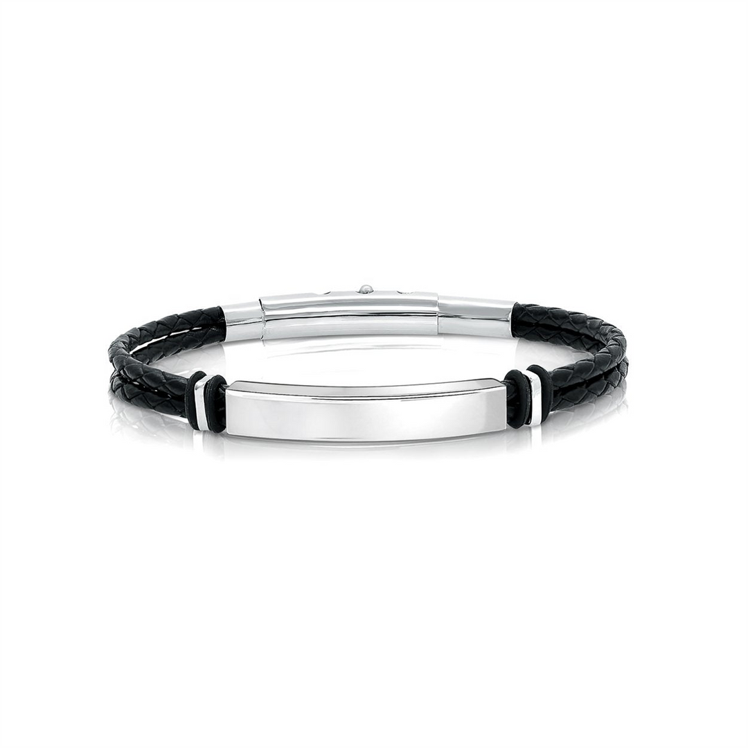 White Stainless Steel Black Leather Bracelet 
Length: 8" + 0.5"
Widt