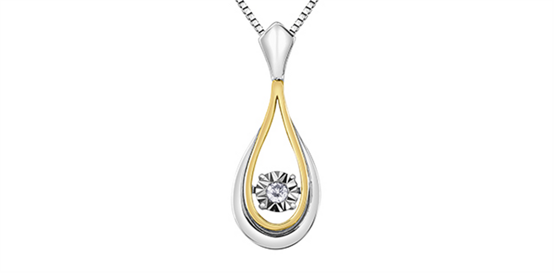 Silver + 10K Yellow Gold Pear Polished Dancing Stone Pendant Necklace