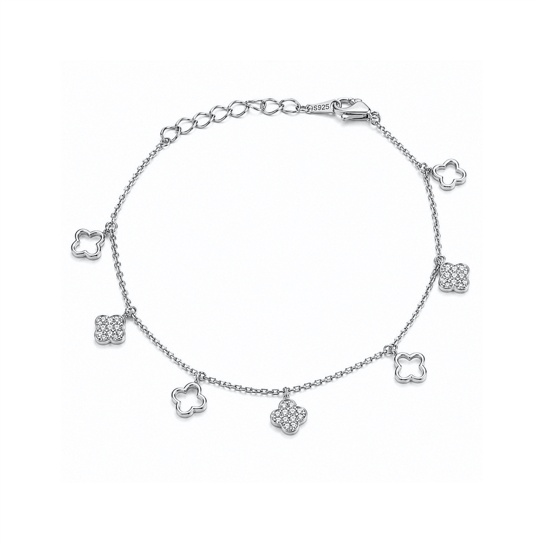 White Sterling Silver CZ Pave & Cutout Clover Dangling Open Link Brace