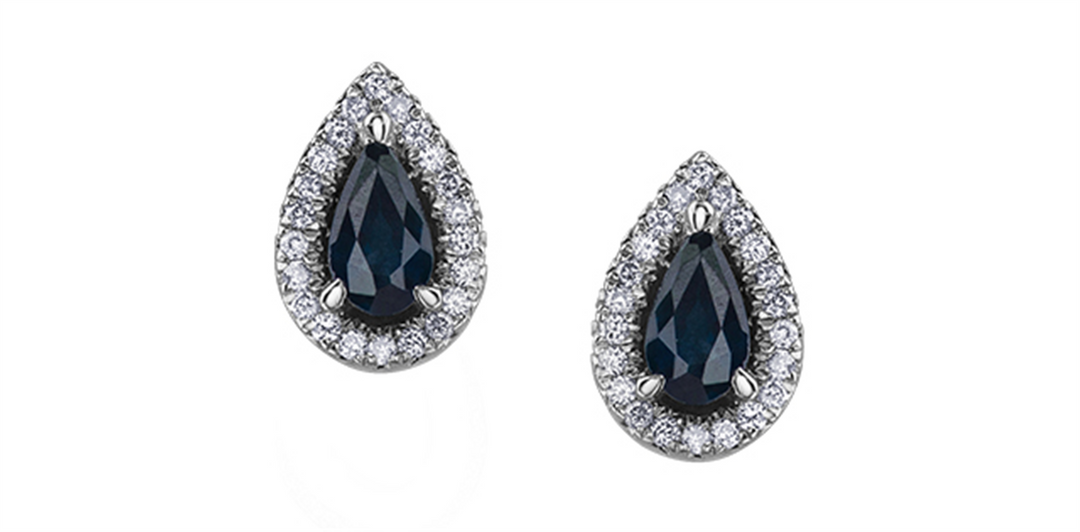 10K White Gold Halo Sapphires Diamonds Stud Earrings