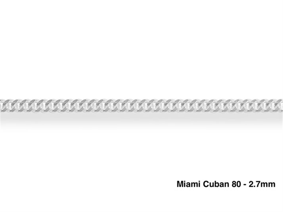 Sterling Silver White Miami Cuban Chain 
Width: 2.7mm
Length: 20"