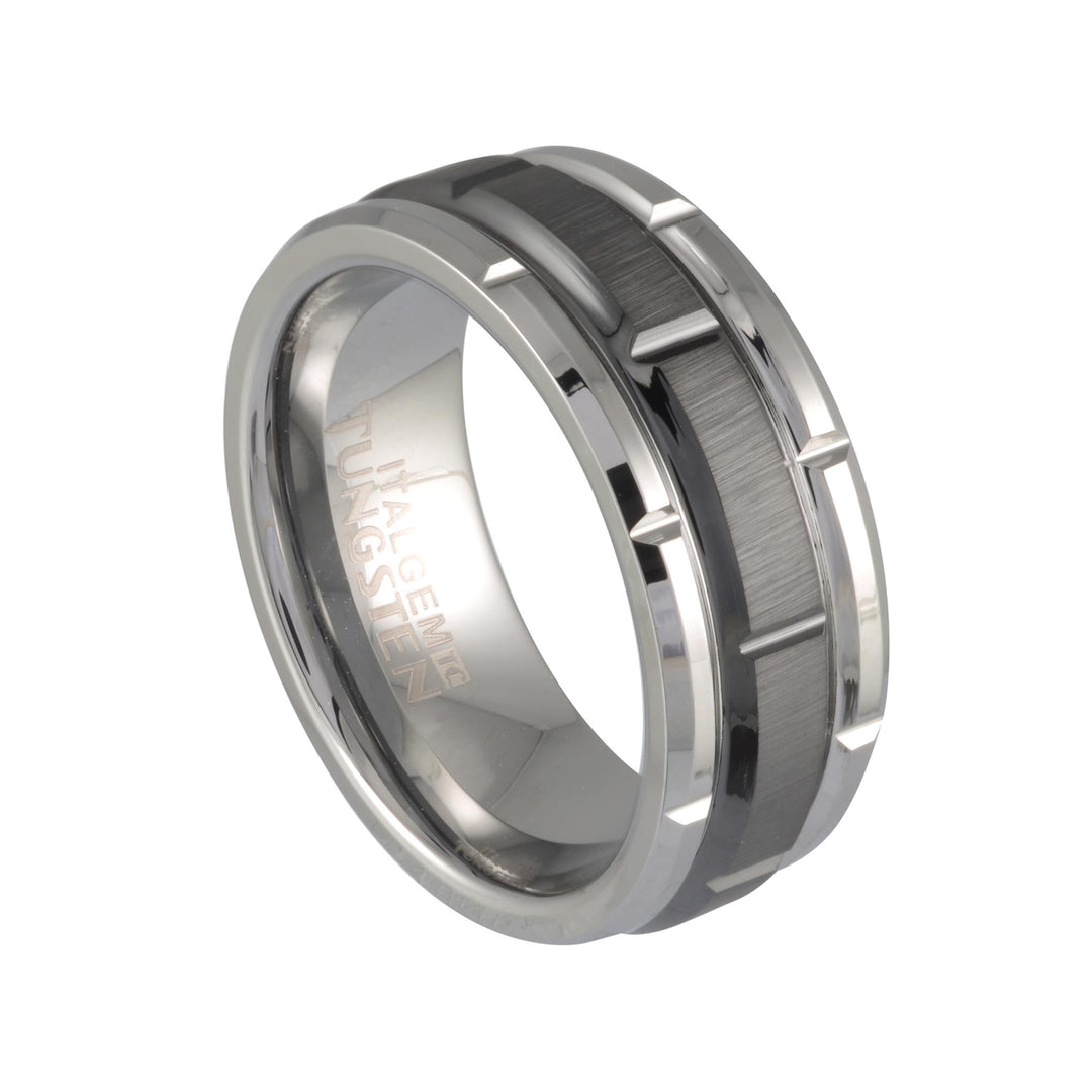 Tungsten Brushed Bevel Band Band with Ceramic Inlay 
Width: 8mm