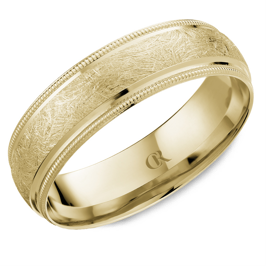 Men's Yellow Gold Domed with Milgrain Band with Diamond Brushed Finish