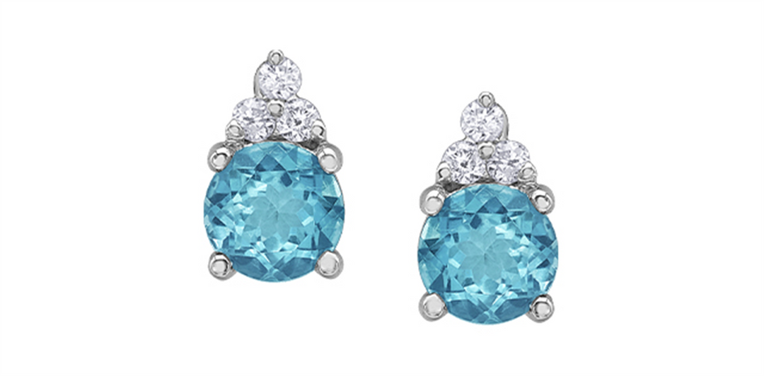 10K White Gold Blue Topaz Diamonds Stud Earrings