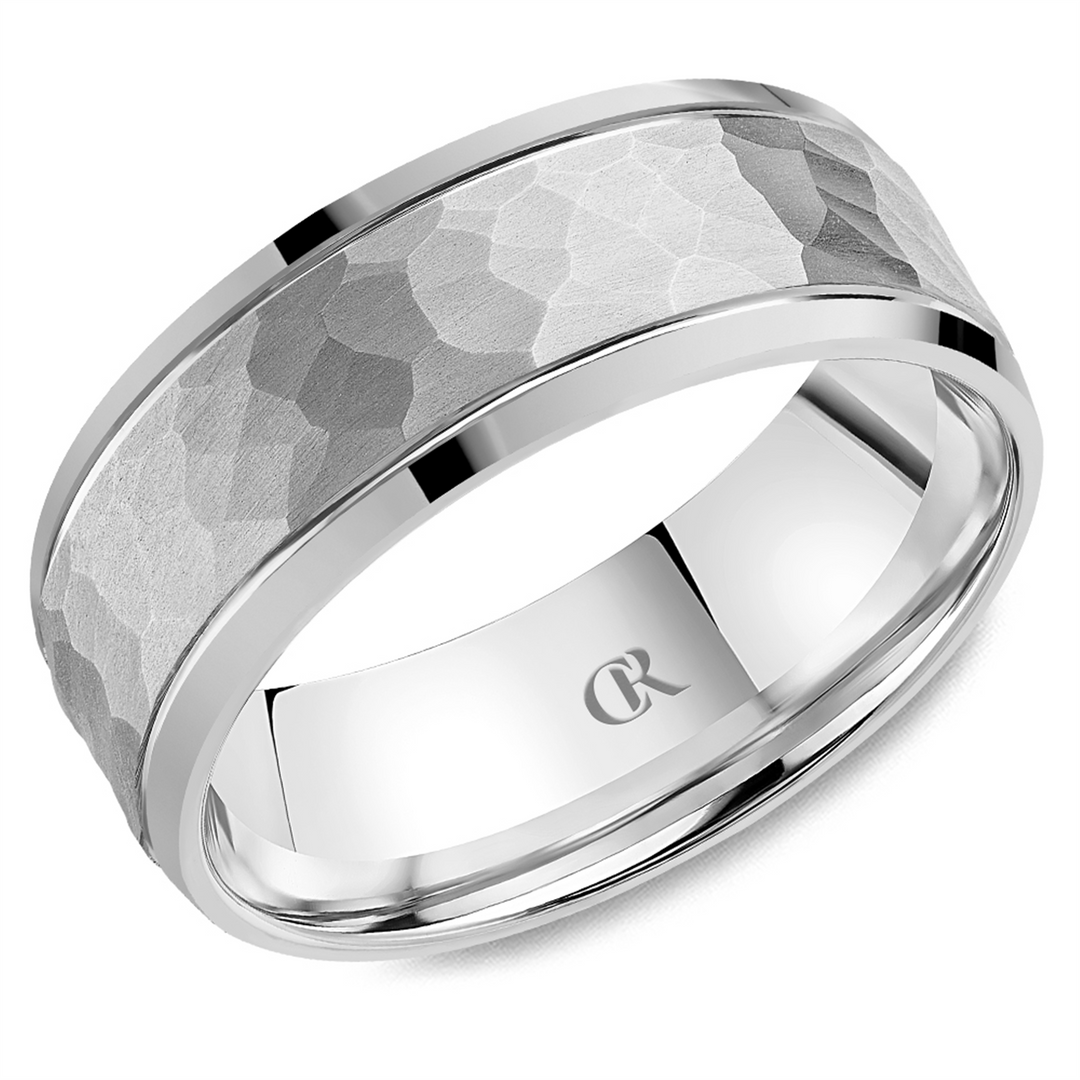 Men's White Gold Bevel Band with Hammered Finish 
Top Width: 8 mm
Ri