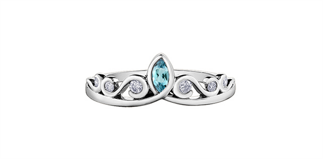 10K White Gold Tiara Aqua and Diamonds Ring