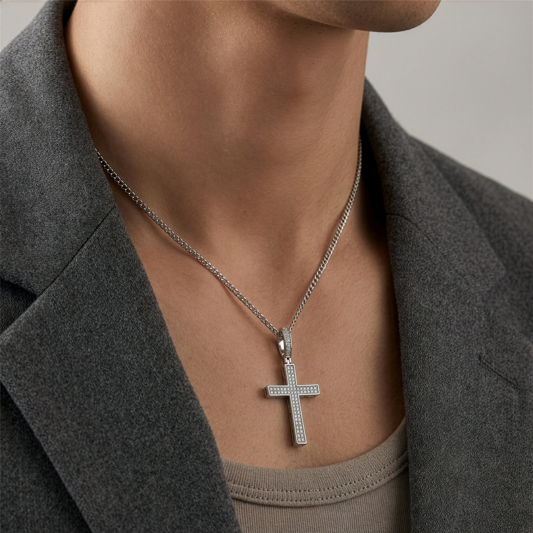 White Sterling Silver Cross Religious Pendant with Lab Diamond 
Lengt