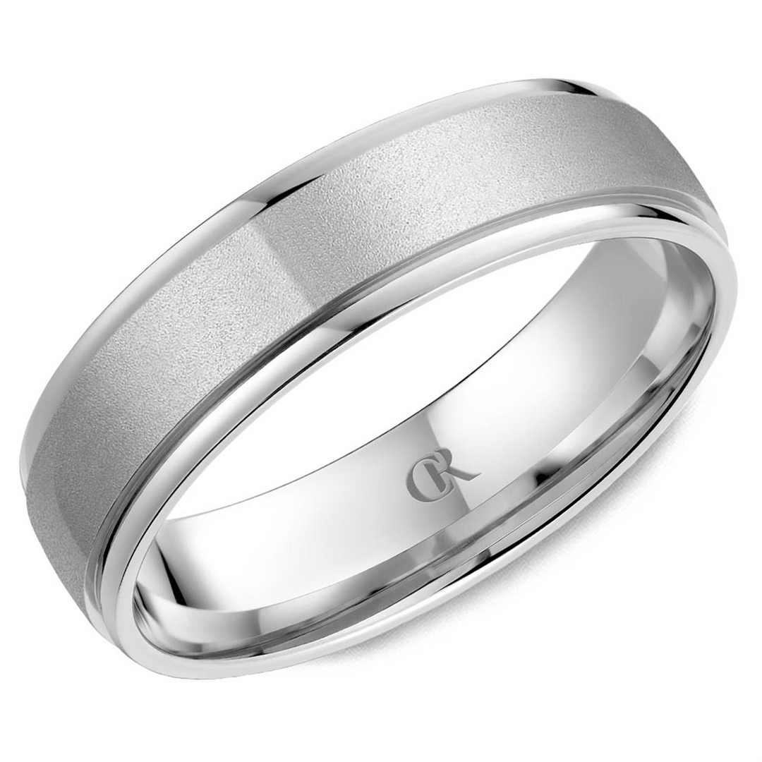 Men's White Gold Stepped Down Edges Band with Sandblast Finish 
Top W