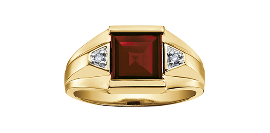 Men's 10K Yellow Gold Signet Garnet and Diamonds Ring