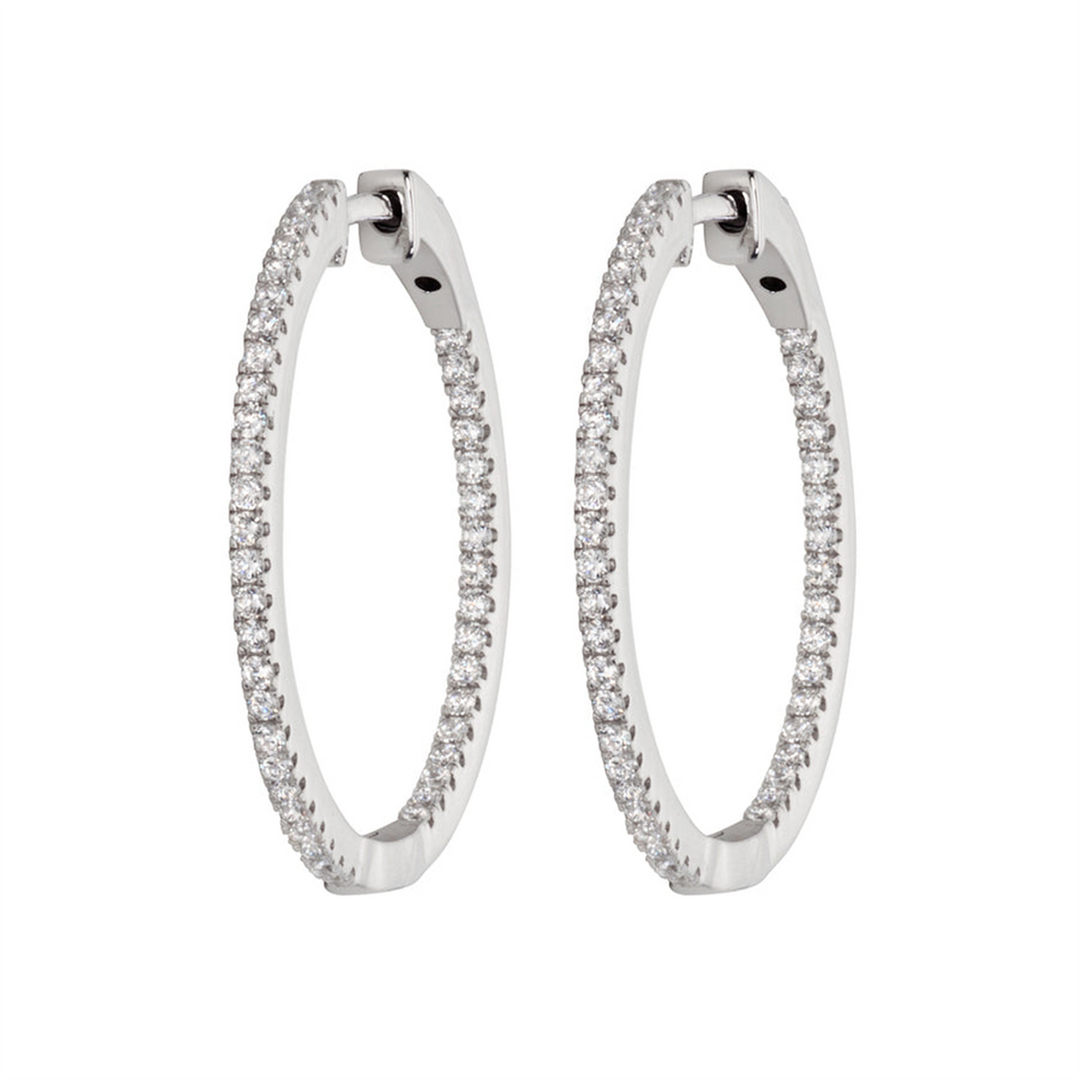 White Sterling Silver Cubic Zirconium Polished Medium Hoop Earrings
E