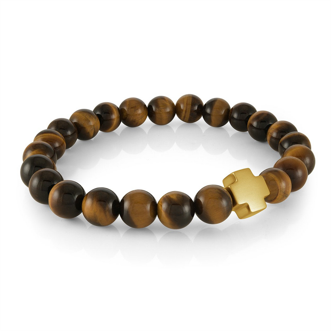 Yellow God IP Stainless Steel Cross Tiger Eye Bead Stretch Bracelet
L