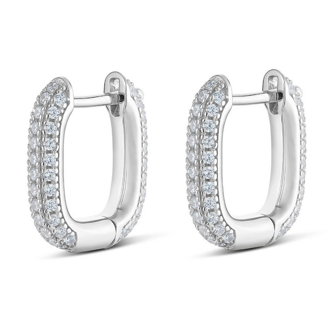 White Sterling Silver Cubic Zirconium Square Pave Polished Huggie Earr