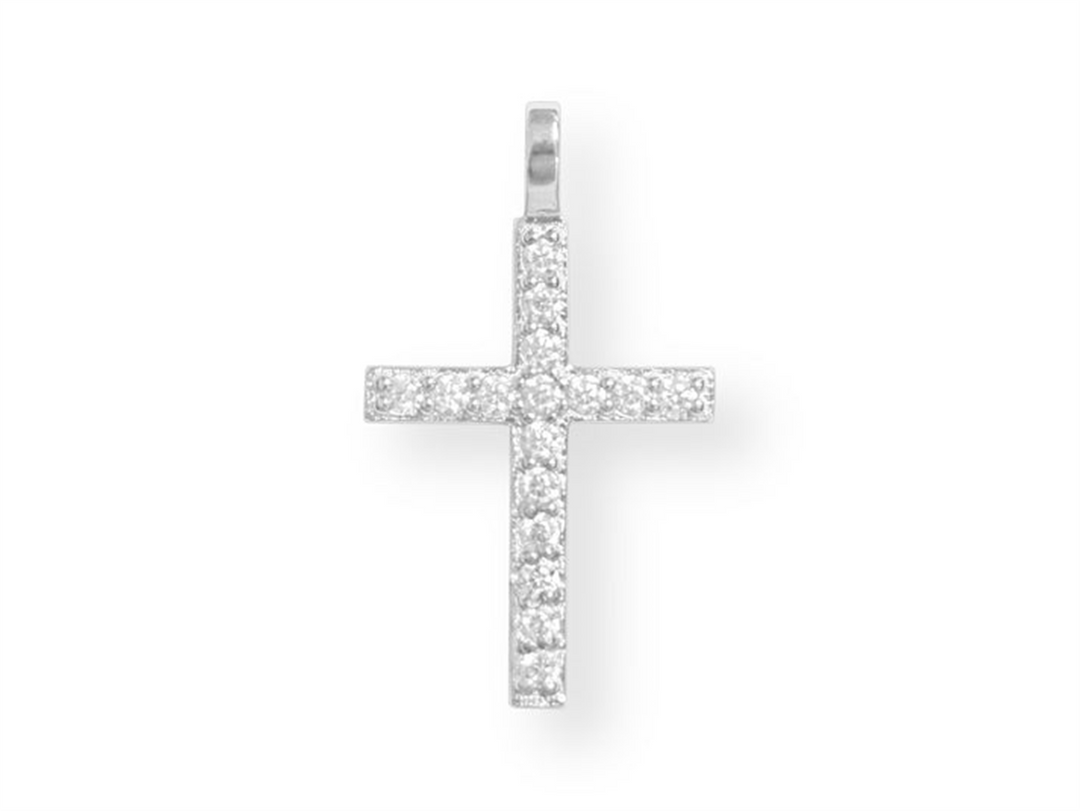 White Sterling Silver Polished Cubic Zirconium Cross Religious Pendant