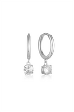 Load image into Gallery viewer, White Sterling Silver Cubic Zirconiums Dangle Polished Huggie Earrings
