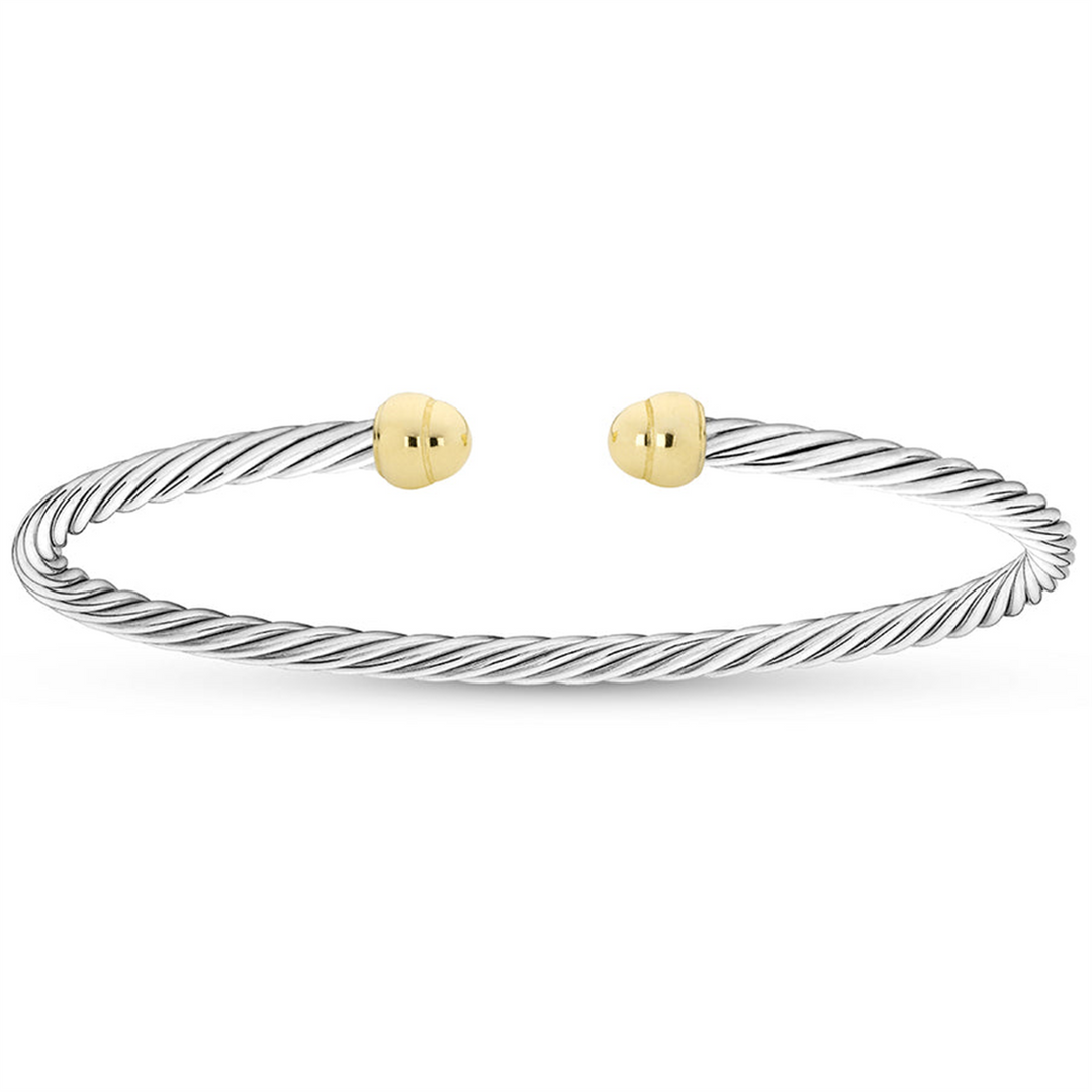 White & Yellow Sterling Silver Twist Bangle 
Top Width: 2.8mm
Length