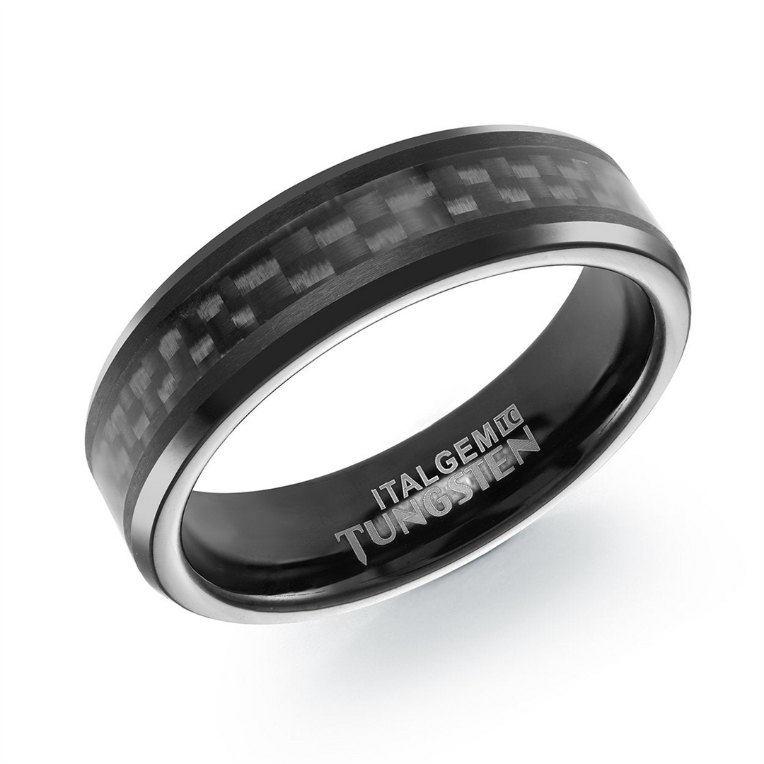 Polished Black Tungsten & Carbon Fibre Bevel Band 
Width: 6mm 
Size:
